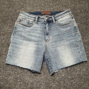 Judy Blue Denim Jean Shorts Large High Rise‎ Medium Wash Raw Hem